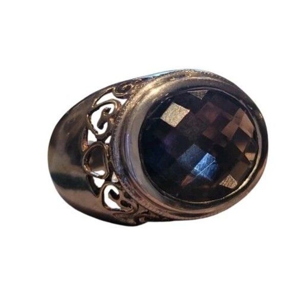 925 Sterling Silver 2-Tone Ring Large Faceted Smoky Topaz Gold Plated hearts 8 - Picture 7 of 14